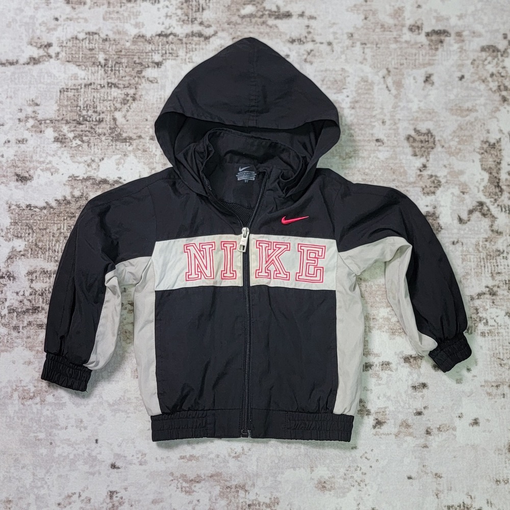 Nike Toddler Windbreaker Jacket 3T Black Pink Spell Out Hooded Lightweight Y2K